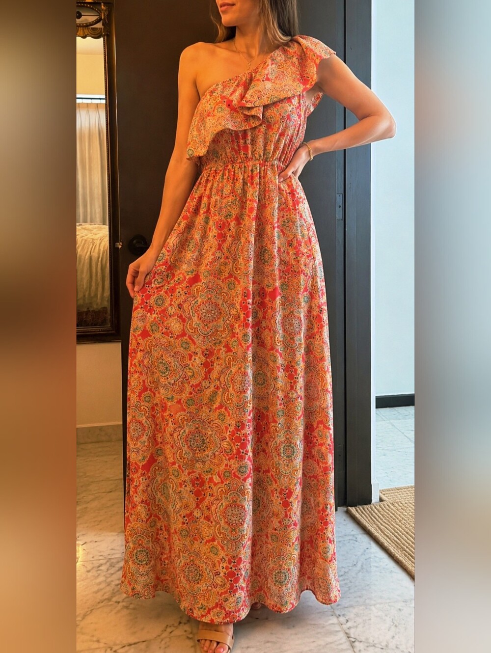 Gianni Bini Coral One-Shoulder Ruffle Maxi Dress